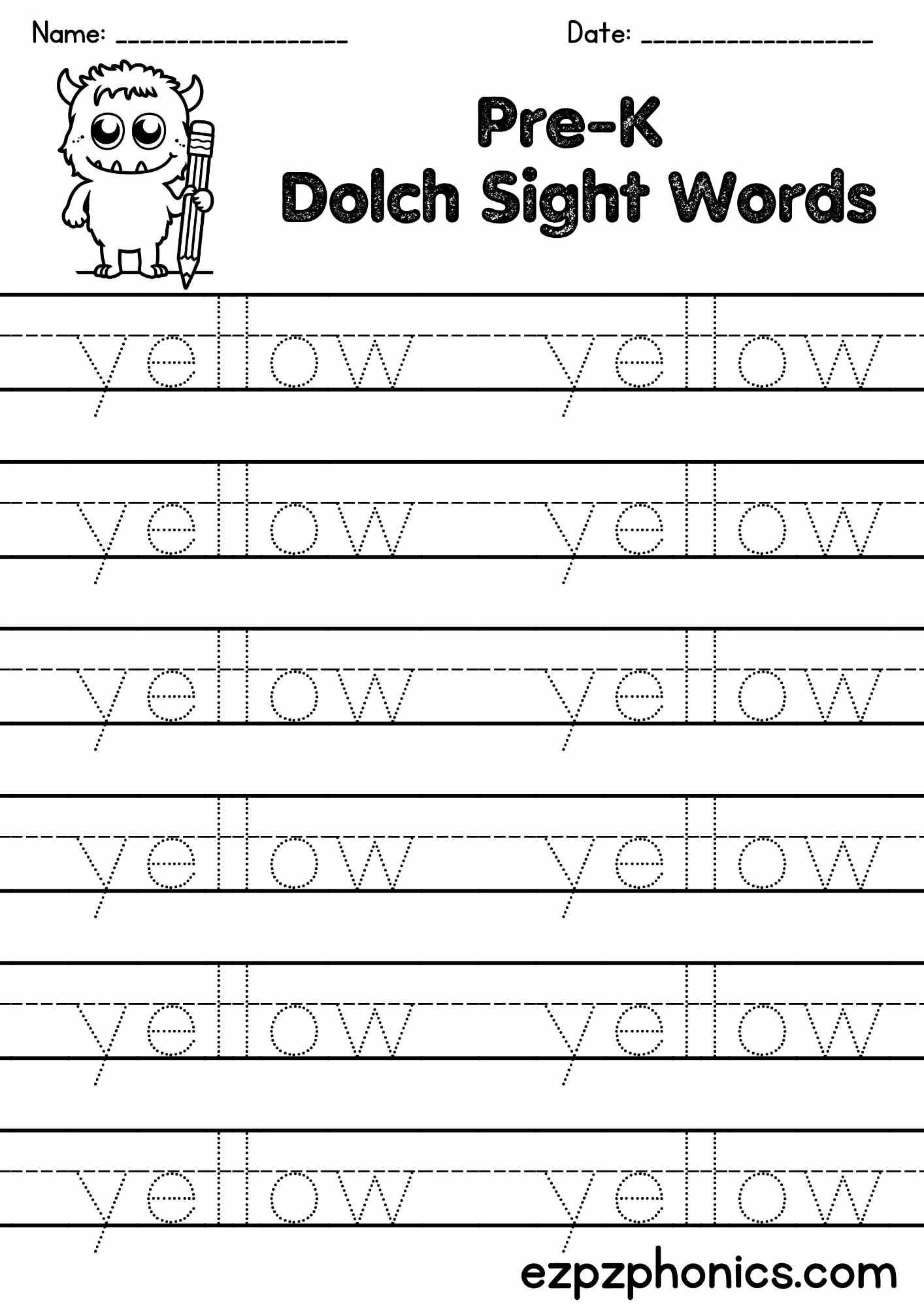 Yellow Free Sight Word Tracing Worksheet – One Word Focus - ezpzphonics.com